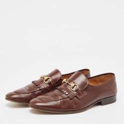 Gucci Brown Leather Brixton Fringe Detail Slip On Loafers Size 43