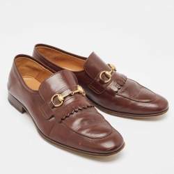 Gucci Brown Leather Brixton Fringe Detail Slip On Loafers Size 43