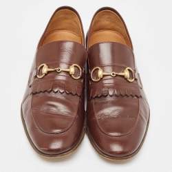 Gucci Brown Leather Brixton Fringe Detail Slip On Loafers Size 43