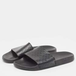 Gucci Black Microguccissima Leather Flat Slides Size 43