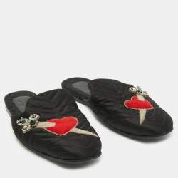 Gucci Black Matelasse Satin Heart and Dagger Flat Mules Size 42