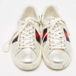 Gucci Silver Leather Ace Sneakers Size 42.5