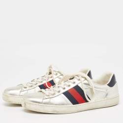 Gucci Silver Leather Ace Sneakers Size 42.5
