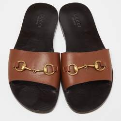 Gucci Brown Leather Horsebit Slides Size 43.5 