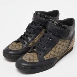 Gucci Black/Beige Leather and Diamante Canvas High Top Sneakers Size 42