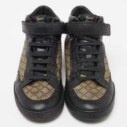 Gucci Black/Beige Leather and Diamante Canvas High Top Sneakers Size 42