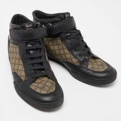 Gucci Black/Beige Leather and Diamante Canvas High Top Sneakers Size 42