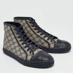 Gucci Beige/Blue GG Supreme Canvas and Leather Cap Toe High Top Sneakers Size 44.5