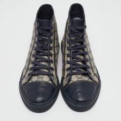 Gucci Beige/Blue GG Supreme Canvas and Leather Cap Toe High Top Sneakers Size 44.5