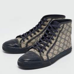 Gucci Beige/Blue GG Supreme Canvas and Leather Cap Toe High Top Sneakers Size 44.5