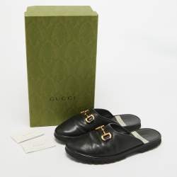 Gucci Black Leather Horsebit Flat Mules Size 42.5