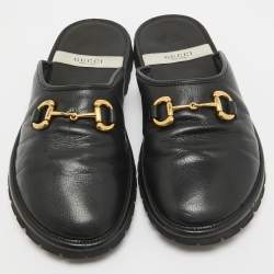 Gucci Black Leather Horsebit Flat Mules Size 42.5