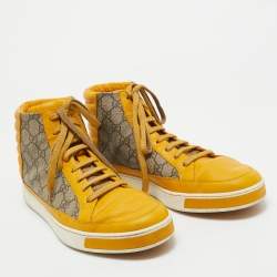 Gucci Beige/Yellow GG Supreme Canvas and Leather High Top Sneakers Size 44