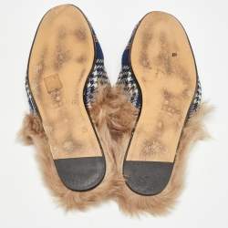 Gucci Blue Plaid Print Tweed Fur Lined Princetown Flat Mules Size 43