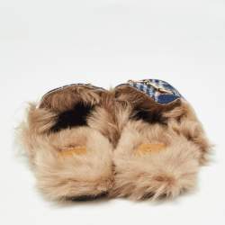 Gucci Blue Plaid Print Tweed Fur Lined Princetown Flat Mules Size 43