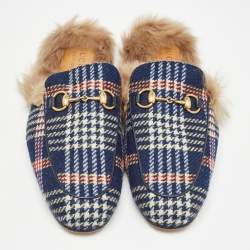 Gucci Blue Plaid Print Tweed Fur Lined Princetown Flat Mules Size 43