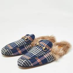 Gucci Blue Plaid Print Tweed Fur Lined Princetown Flat Mules Size 43