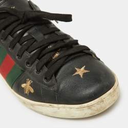 Pre Owned Gucci Black Bee & Star Embroidered Leather Ace Low Top Sneakers Size 42.5
