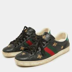 Pre Owned Gucci Black Bee & Star Embroidered Leather Ace Low Top Sneakers Size 42.5
