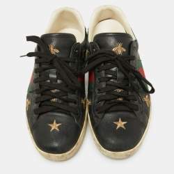Pre Owned Gucci Black Bee & Star Embroidered Leather Ace Low Top Sneakers Size 42.5