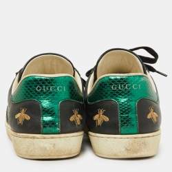 Pre Owned Gucci Black Bee & Star Embroidered Leather Ace Low Top Sneakers Size 42.5