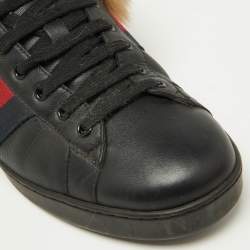 Gucci Black Leather and Fur Ace Embroidered Bee Low Top Sneakers Size 43