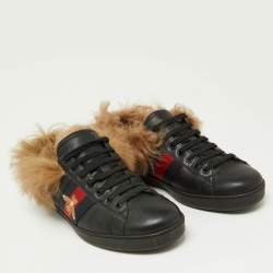 Gucci Black Leather and Fur Ace Embroidered Bee Low Top Sneakers Size 43