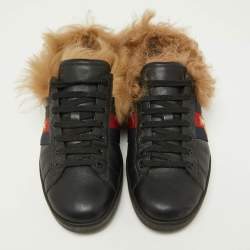Gucci Black Leather and Fur Ace Embroidered Bee Low Top Sneakers Size 43
