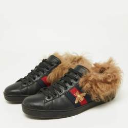 Gucci Black Leather and Fur Ace Embroidered Bee Low Top Sneakers Size 43