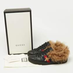 Gucci Black Leather and Fur Ace Embroidered Bee Low Top Sneakers Size 43