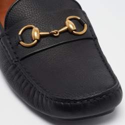 Pre Owned Gucci Black Leather Horsebit Slip On Loafers Size 42