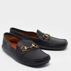 Pre Owned Gucci Black Leather Horsebit Slip On Loafers Size 42