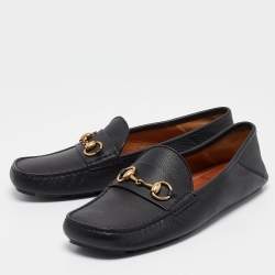 Pre Owned Gucci Black Leather Horsebit Slip On Loafers Size 42
