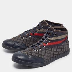 Gucci Navy Blue Leather and Diamante Web Print Nylon High Top Sneakers Size 42.5