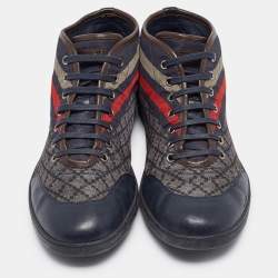 Gucci Navy Blue Leather and Diamante Web Print Nylon High Top Sneakers Size 42.5
