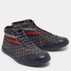 Gucci Navy Blue Leather and Diamante Web Print Nylon High Top Sneakers Size 42.5