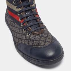 Gucci Navy Blue Leather and Diamante Web Print Nylon High Top Sneakers Size 42.5