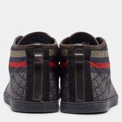 Gucci Navy Blue Leather and Diamante Web Print Nylon High Top Sneakers Size 42.5