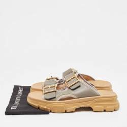 Gucci Grey Leather Ridgbuckled Platform Slides Size 45.5