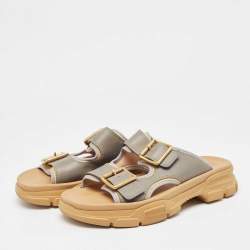 Gucci Grey Leather Ridgbuckled Platform Slides Size 45.5