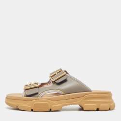 Gucci Grey Leather Ridgbuckled Platform Slides Size 45.5