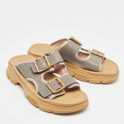 Gucci Grey Leather Ridgbuckled Platform Slides Size 45.5