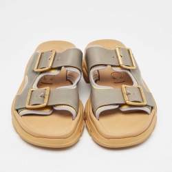 Gucci Grey Leather Ridgbuckled Platform Slides Size 45.5