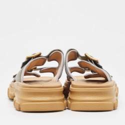 Gucci Grey Leather Ridgbuckled Platform Slides Size 45.5