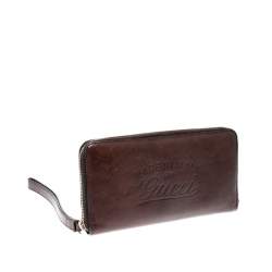 Pre Owned Gucci Dark Brown Leather Zip Around Wallet Organizer