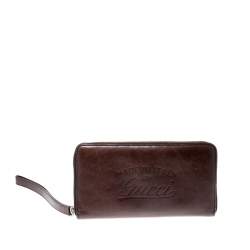 Pre Owned Gucci Dark Brown Leather Zip Around Wallet Organizer