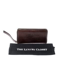 Pre Owned Gucci Dark Brown Leather Zip Around Wallet Organizer