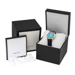 Pre Owned Gucci Turquoise Blue Gold Tone Stainless Steel Leather G-Timeless 126.4 Men's Wristwatch 38 mm
