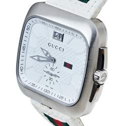Gucci White Stainless Steel Leather G Coupe Large YA131303 Men's Wristwatch 40 mm