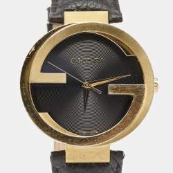 Gucci Black Gold Plated Stainless Steel Leather Interlocking Latin Grammy's XL Special Edition YA133208 Men's Wristwatch 42 mm